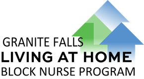 Logo for Granite Falls Living at Home Block Nurse Program with two overlapping house shapes in green and blue.
