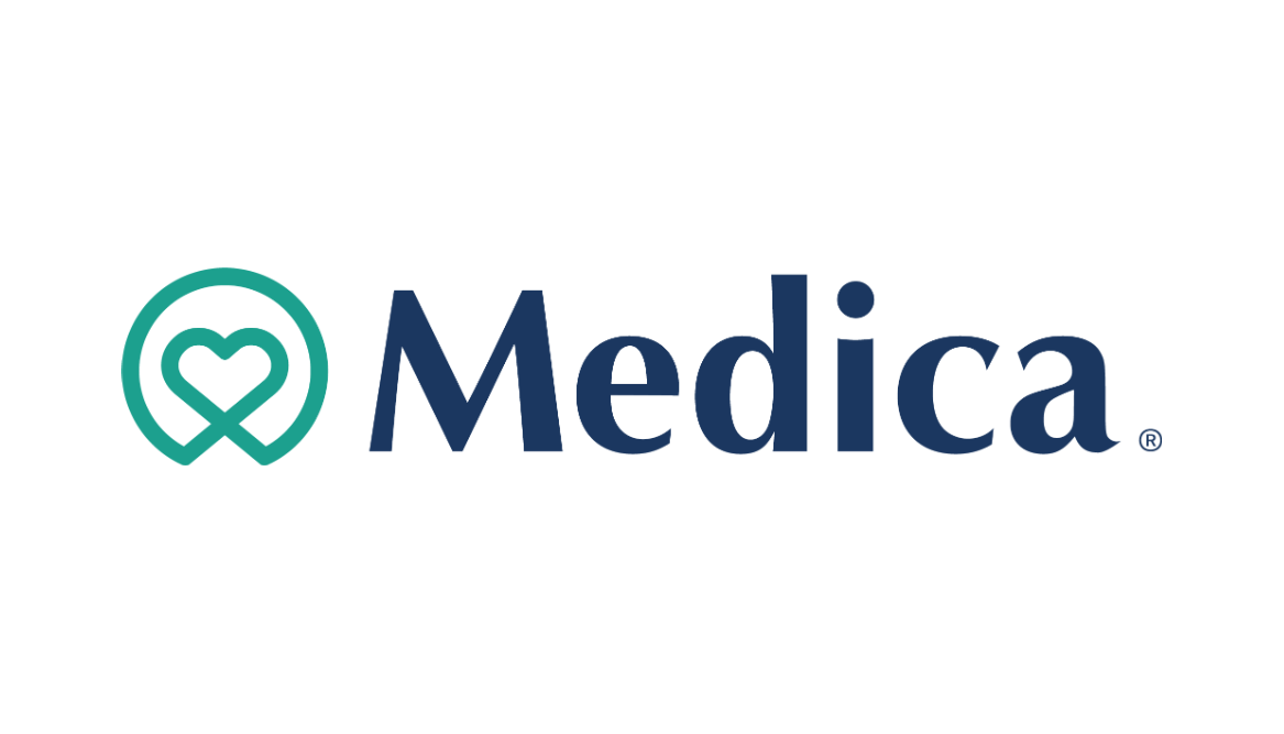 Medica logo with a blue-green heart inside a circle. The word