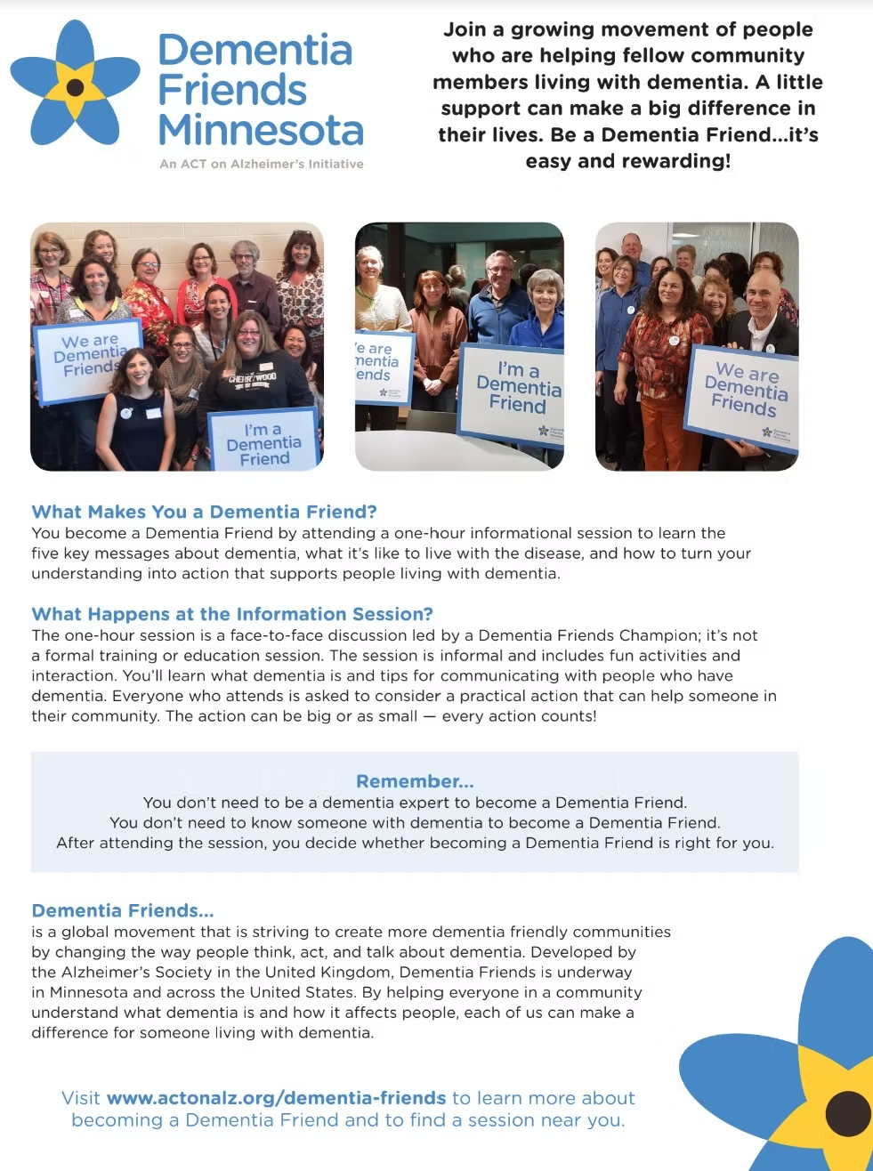 Flyer for Dementia Friends Minnesota, with people holding signs, and text about the organization.