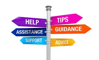 Signpost with arrows labeled: help, assistance, support, tips, guidance, and advice.