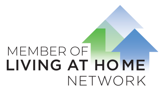 Member of Living at Home Network logo with gray and blue house shapes