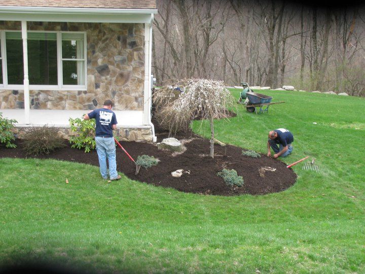 Manicured front yard with green lawn, mulch beds, and a curved border beside a house and sidewalk