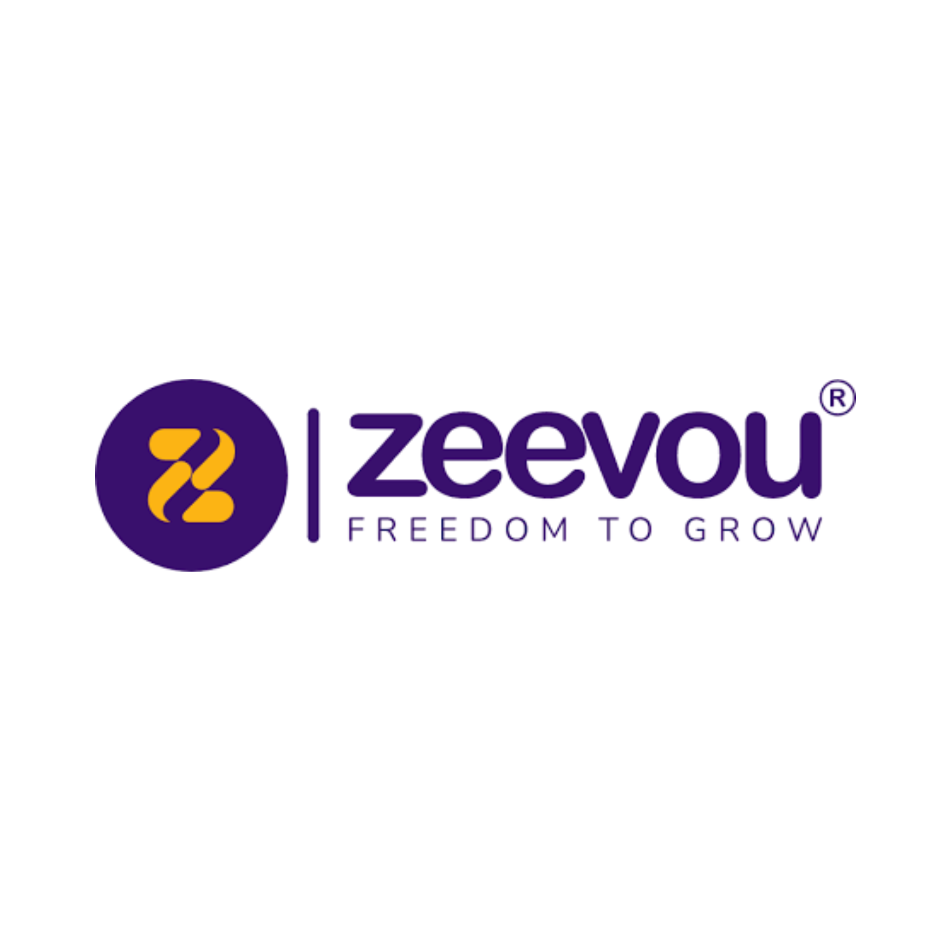 The logo for zeevou is purple and yellow and says freedom to grow.