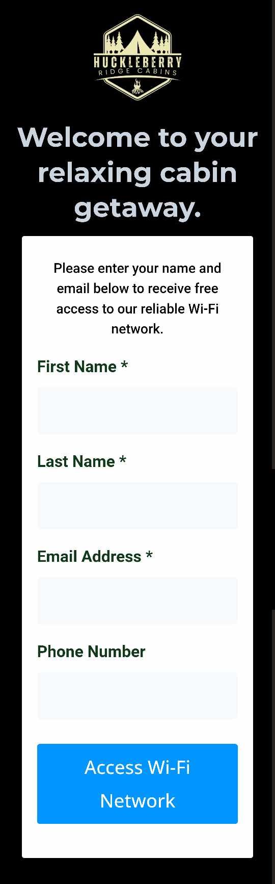 A screenshot of a welcome to your relaxing cabin getaway page.