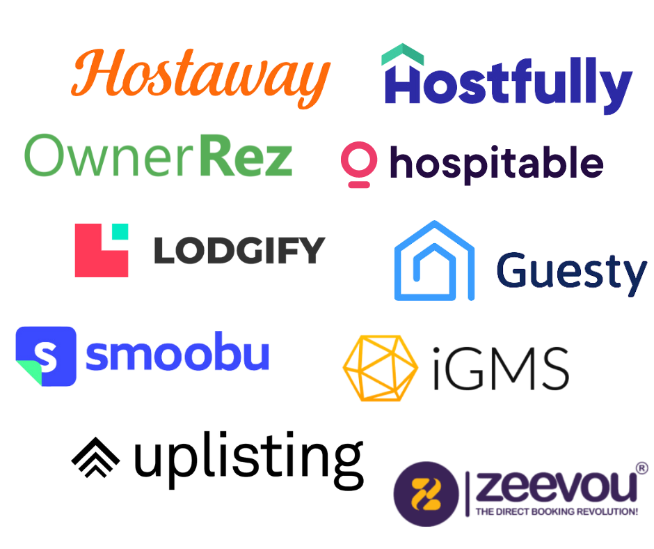 A bunch of property management logos for different channel manager companies on a white background.