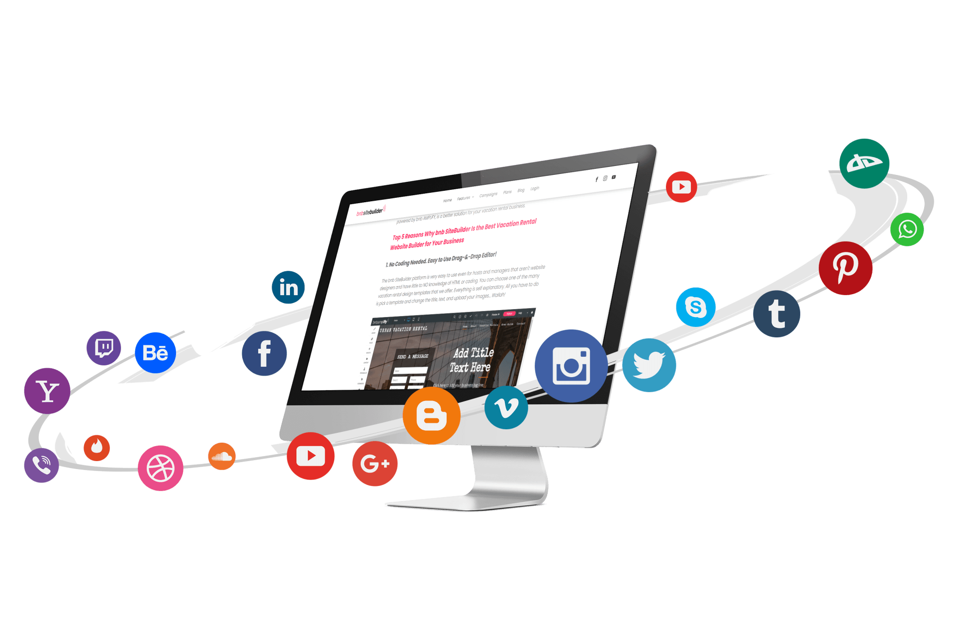 A computer monitor surrounded by social media icons on a white background.