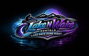 LakeWake Rentals neon logo with mountains, blue water splash, and purple glow on black background