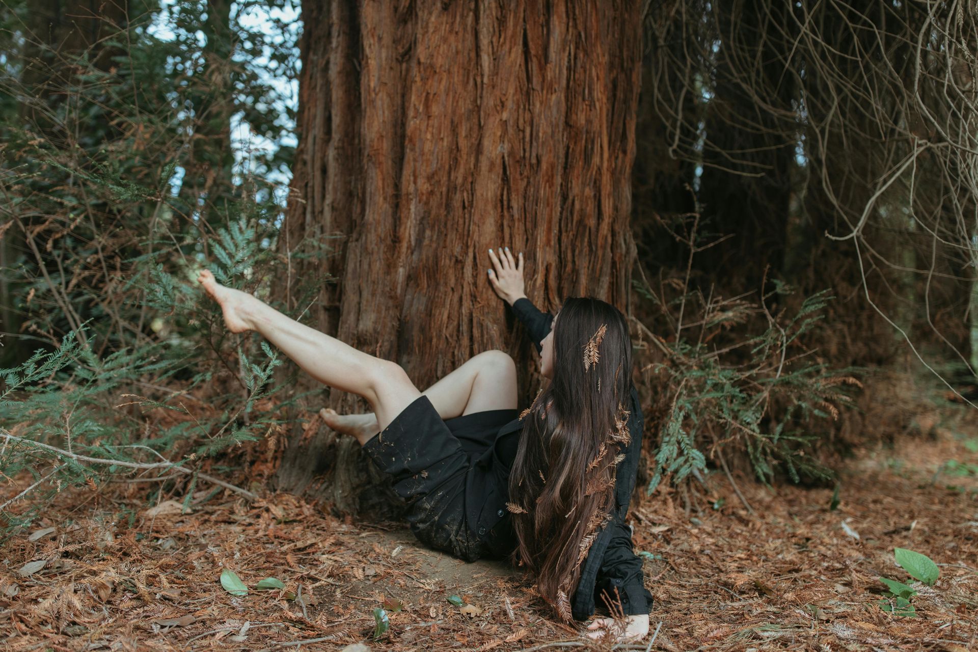 Fallen woman near a tree , showing a slip and fall incident that might require legal consultation from attorneys.