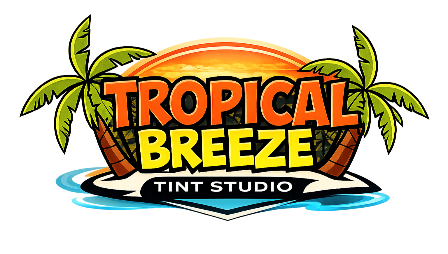 Tropical Breeze Tint Studio logo with orange text, palm trees, and blue water accents