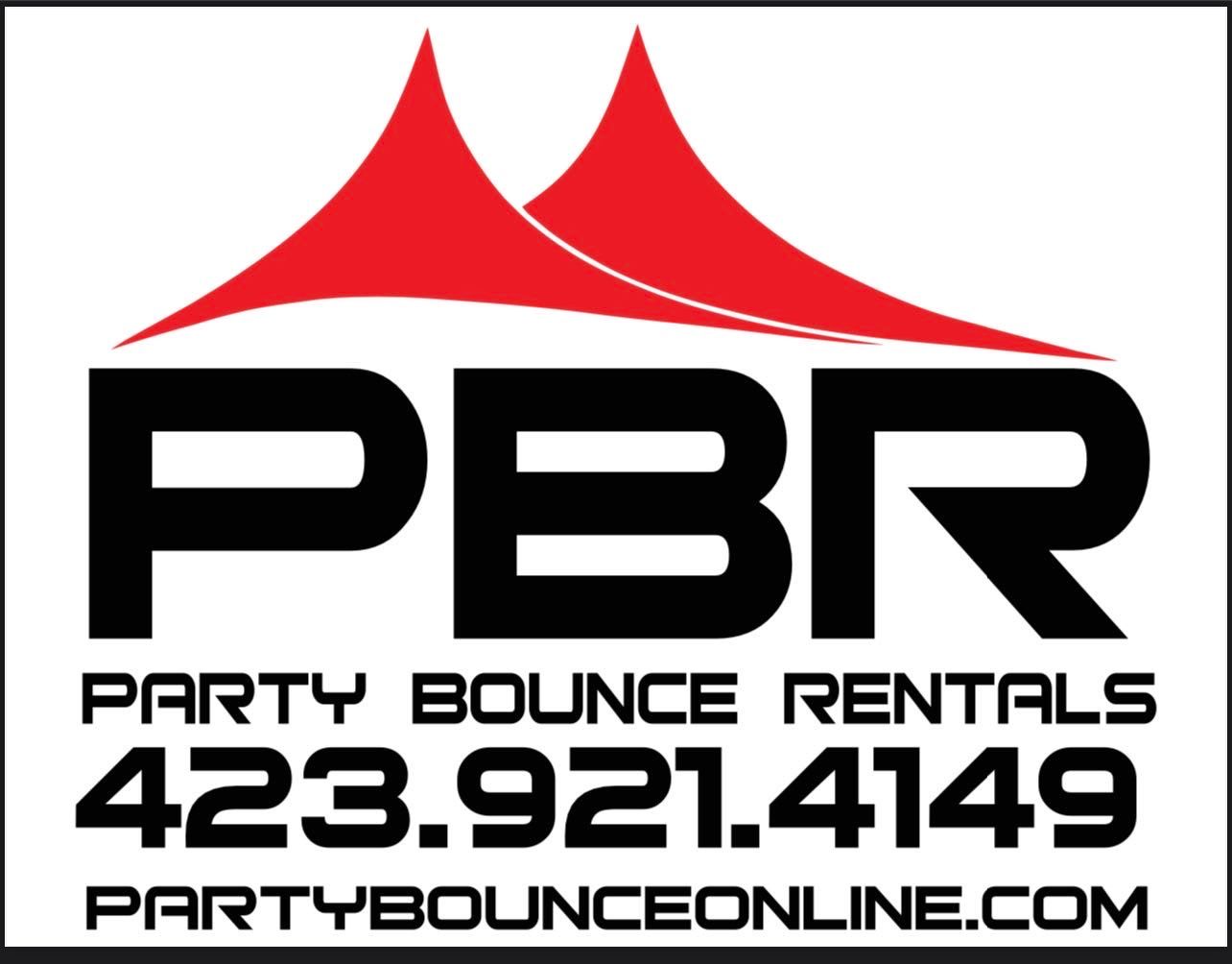 A red and black logo for party bounce rentals