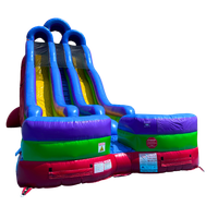 A colorful inflatable water slide on a white background