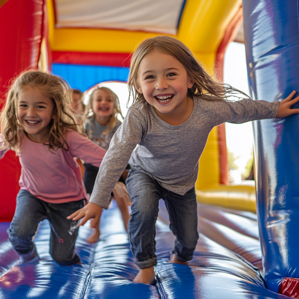 Two little girls are playing in a bouncy house.