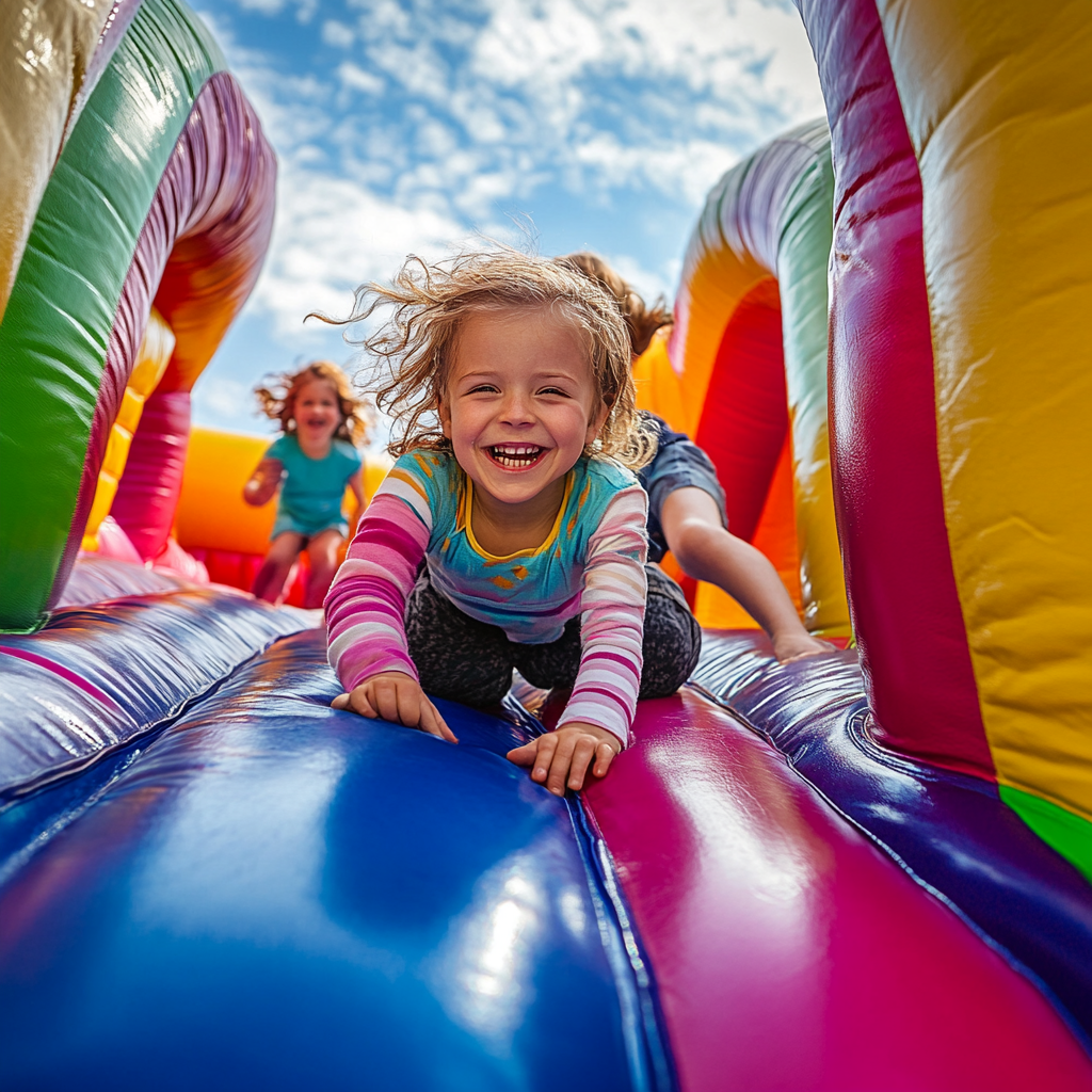 A little girl is playing on a colorful bouncy house.