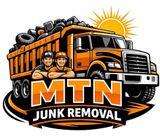 MTN Junk Removal logo with orange dump truck, two workers, tires, and a sunburst