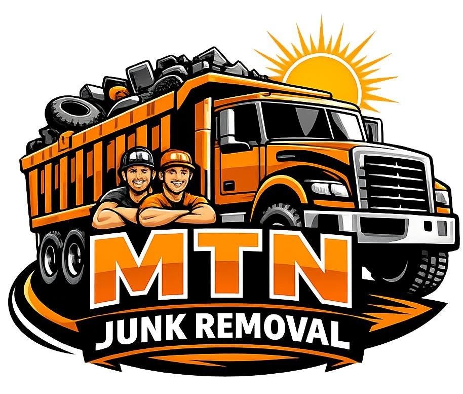 MTN Junk Removal logo with orange dump truck, two workers, tires, and a sunburst