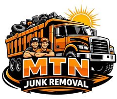 MTN Junk Removal logo with orange dump truck, two workers, tires, and a sunburst
