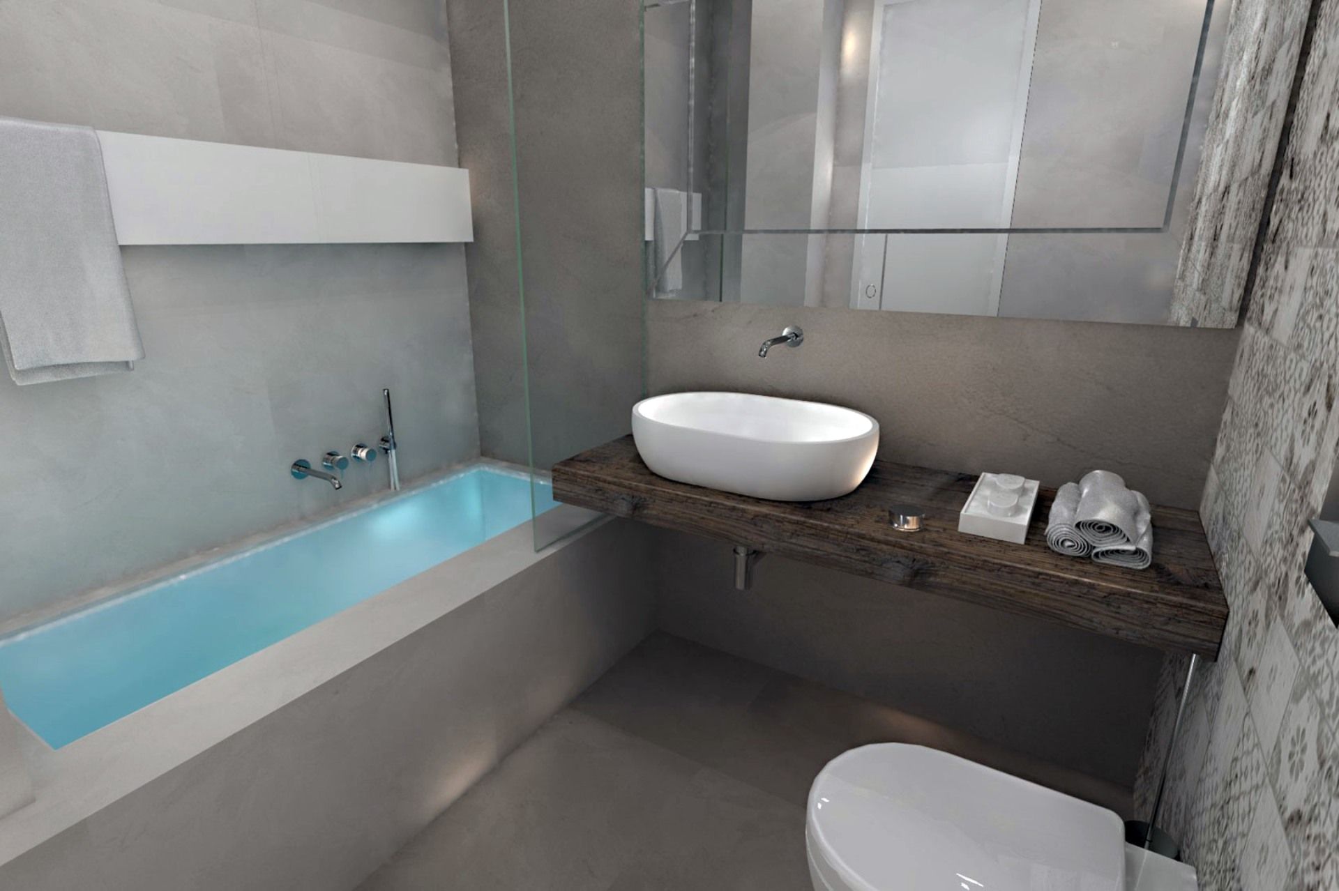 bagno con vasca e piano in legno