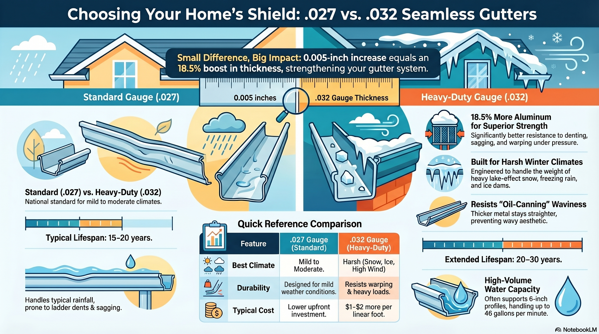 The numbers .027 and .032 refer to the thickness of the aluminum used to make the gutter: 0.027 inches versus 0.032 inches. That may not sound like much, but the thicker .032 aluminum provides roughly 18% more material thickness and can offer about 50% greater resistance to bending. In real-world use, that extra strength can help gutters handle ladders, ice buildup, snow, and the everyday abuse that gutter systems can take in New England. Infographic explaining: What are the differences between .027 and .032 aluminum gutters?