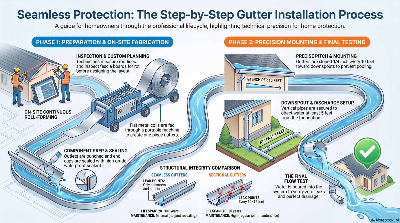 Infographic showing the seamless gutter installation process from measuring the home and forming custom gutters on site to installing gutters, hangers and downspouts