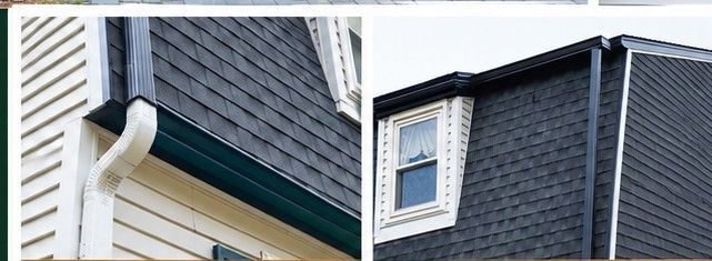 Two-Tone Gutter System — Designed Around the Architecture Close up of color matching of downspouts the blend into the white siding