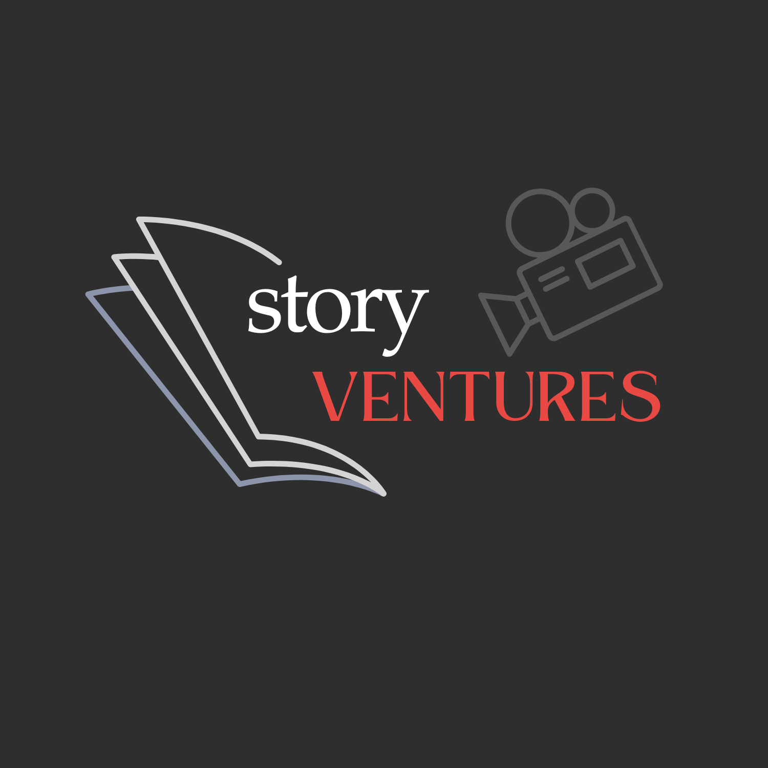 The StoryVentures logo emanates from an icon of a book, with a camera facing the company title.