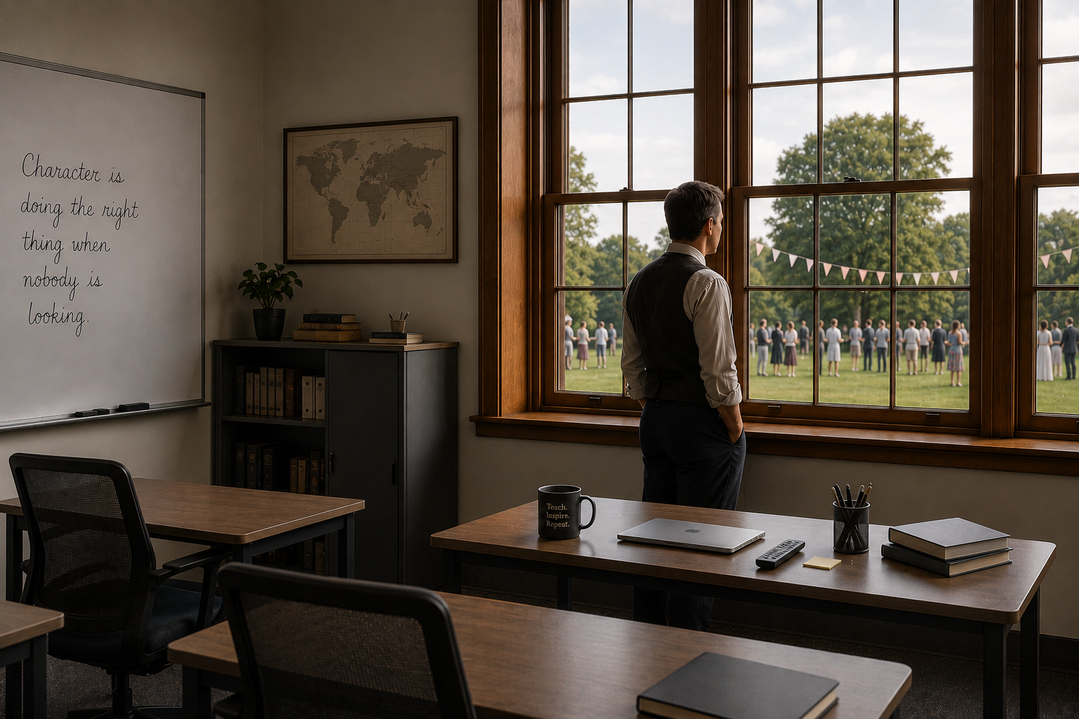 Reflective teacher in a historic school classroom overlooking end-of-year farewells on sports fields
