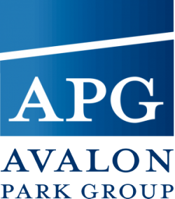 APG Avalon Park Group logo: Blue and white text and shapes; 