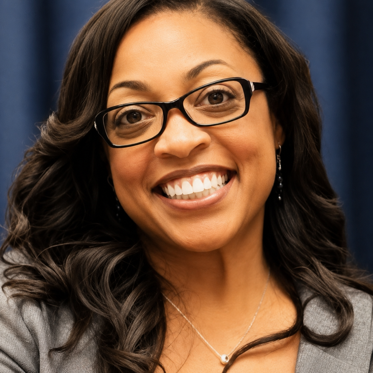 Woman with dark hair and glasses smiles brightly, wearing a gray top; microphone visible.