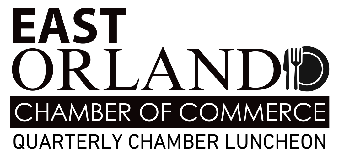 East Orlando Chamber of Commerce logo with text and fork/knife/plate icon; for quarterly chamber luncheon.