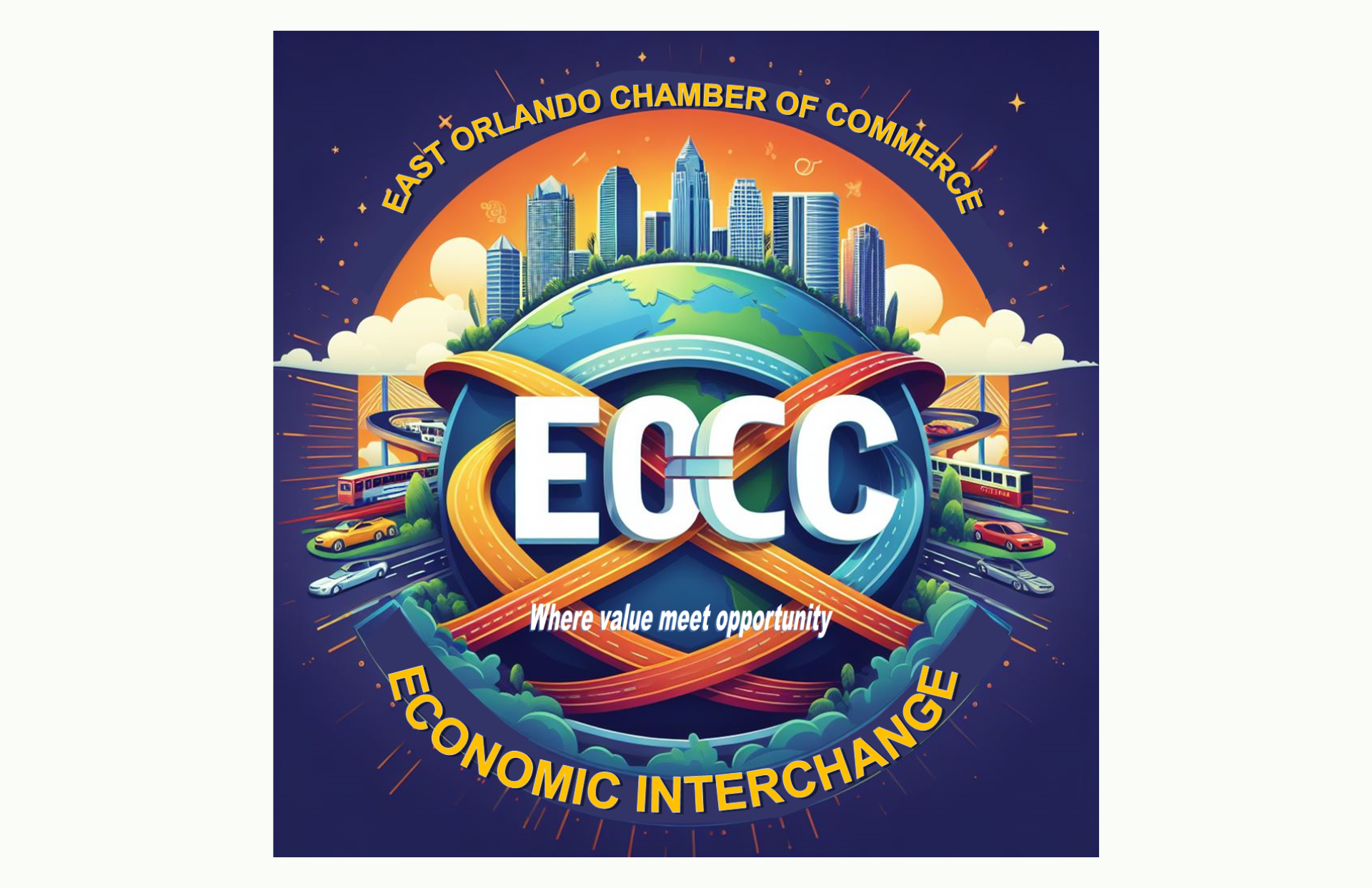 Logo for East Orlando Chamber of Commerce. Globe with city skyline, roads, and