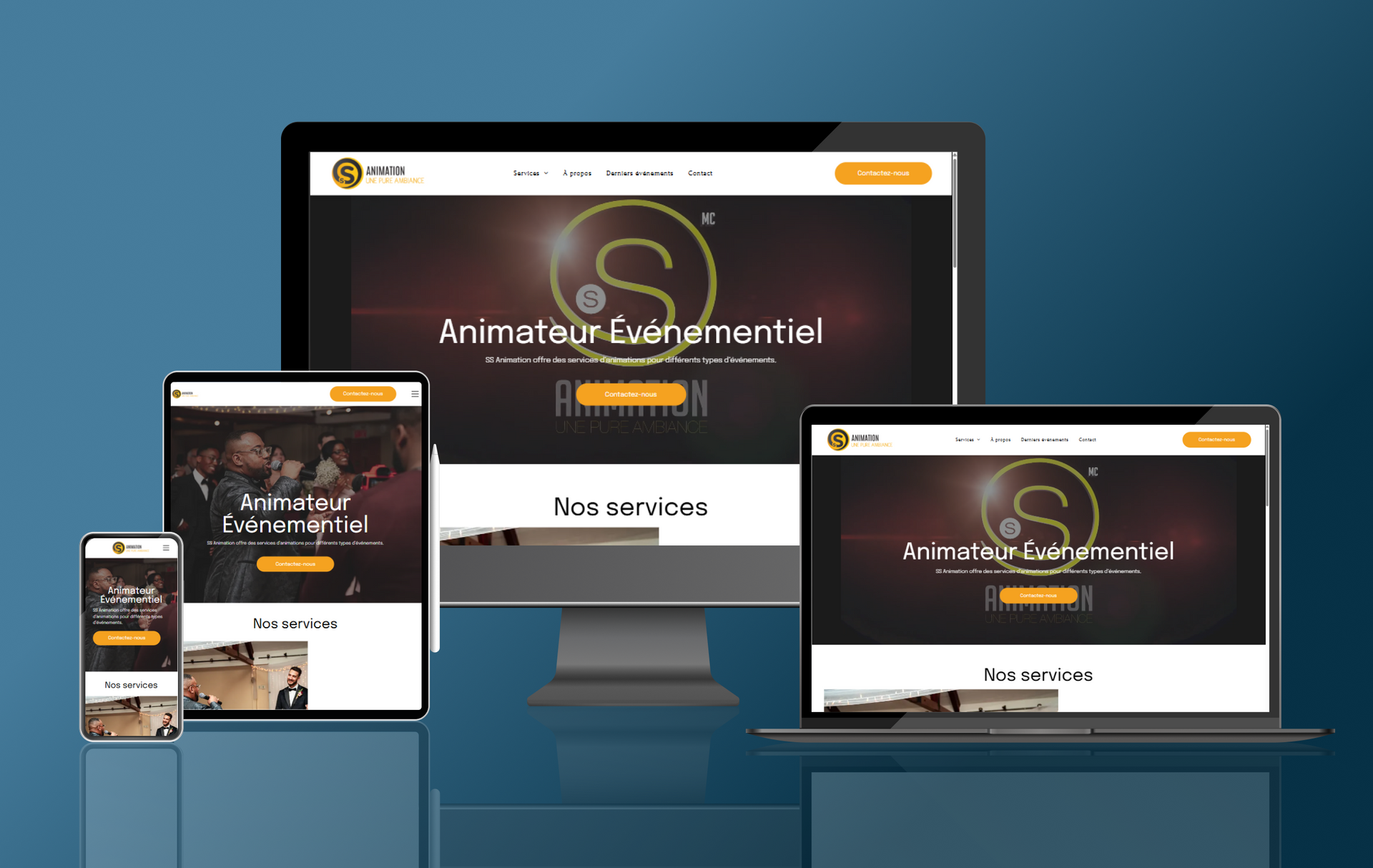 Conception du site web affichée sur téléphone, tablette, ordinateur et ordinateur portable avec un logo or et noir.