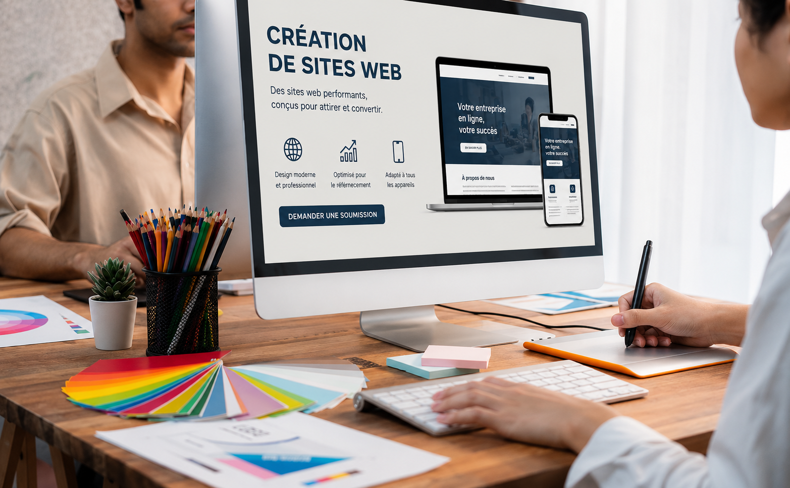 Espace de travail avec une maquette de site web sur un écran, des échantillons de couleurs, des stylos et une personne écrivant à un bureau.