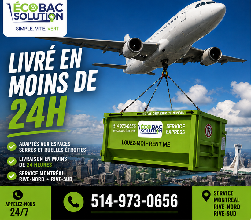 Avion cargo transportant un conteneur de déchets verts ; une annonce française indique une livraison en moins de 24h avec un numéro de téléphone.