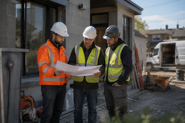 Un ouvrier du bâtiment martèle un toit, portant un casque de chantier, un gilet de sécurité et un harnais.