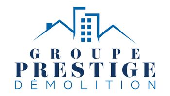 Logo bleu et gris de Groupe Prestige Démolition avec silhouettes de bâtiments