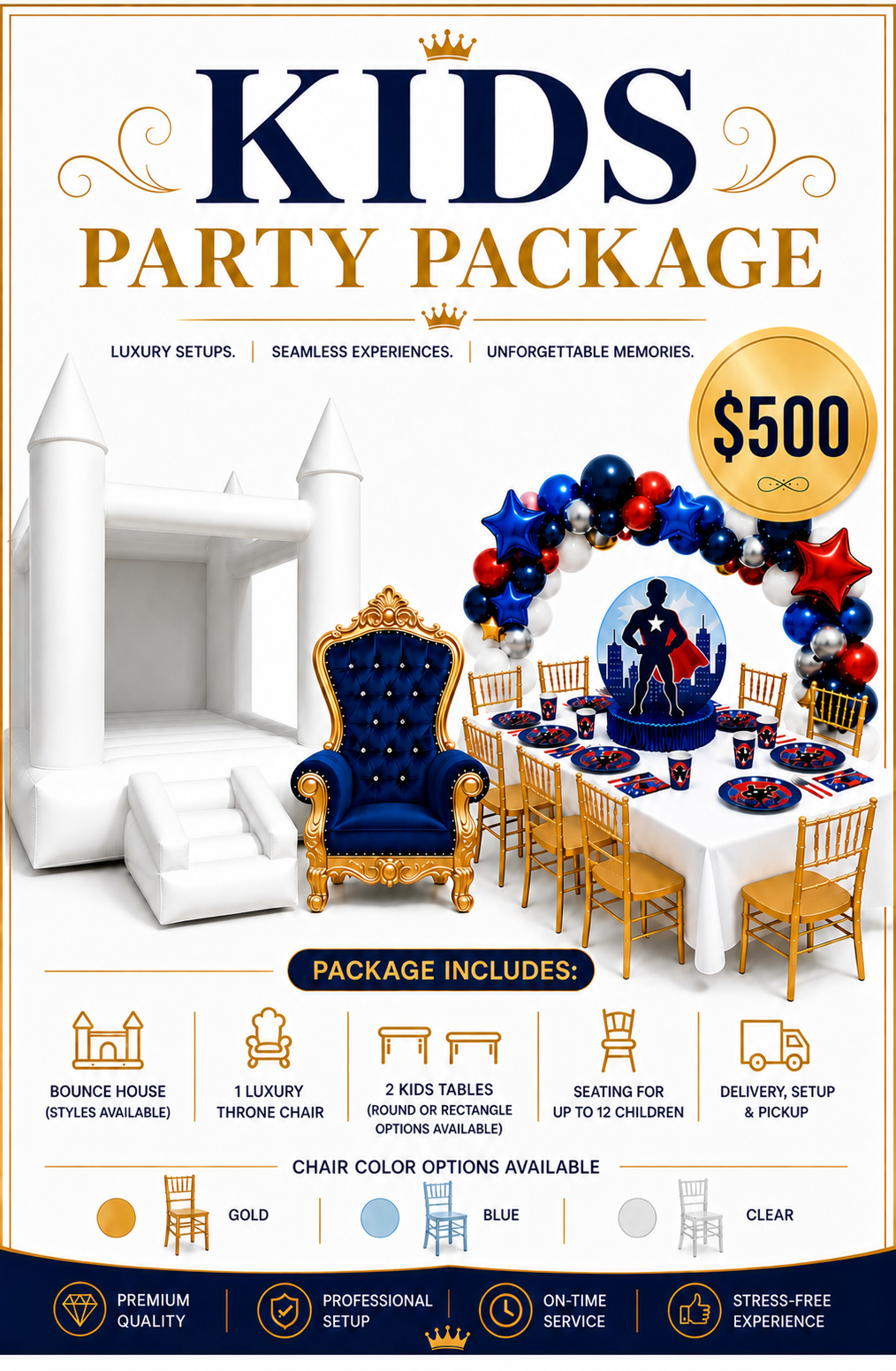 Kids party package flyer with blue-and-gold decor, balloon arch, throne chair, table setup, and $500 price tag