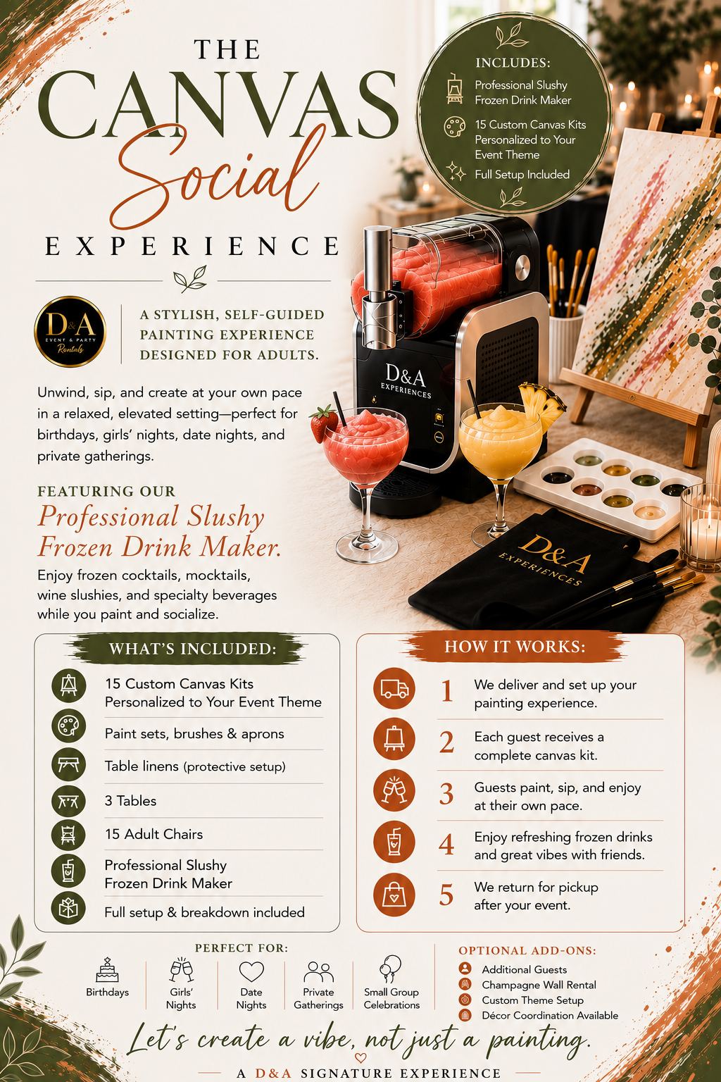 Canvas Social Experience flyer with beige, green, and gold design, pricing, services, and event package details