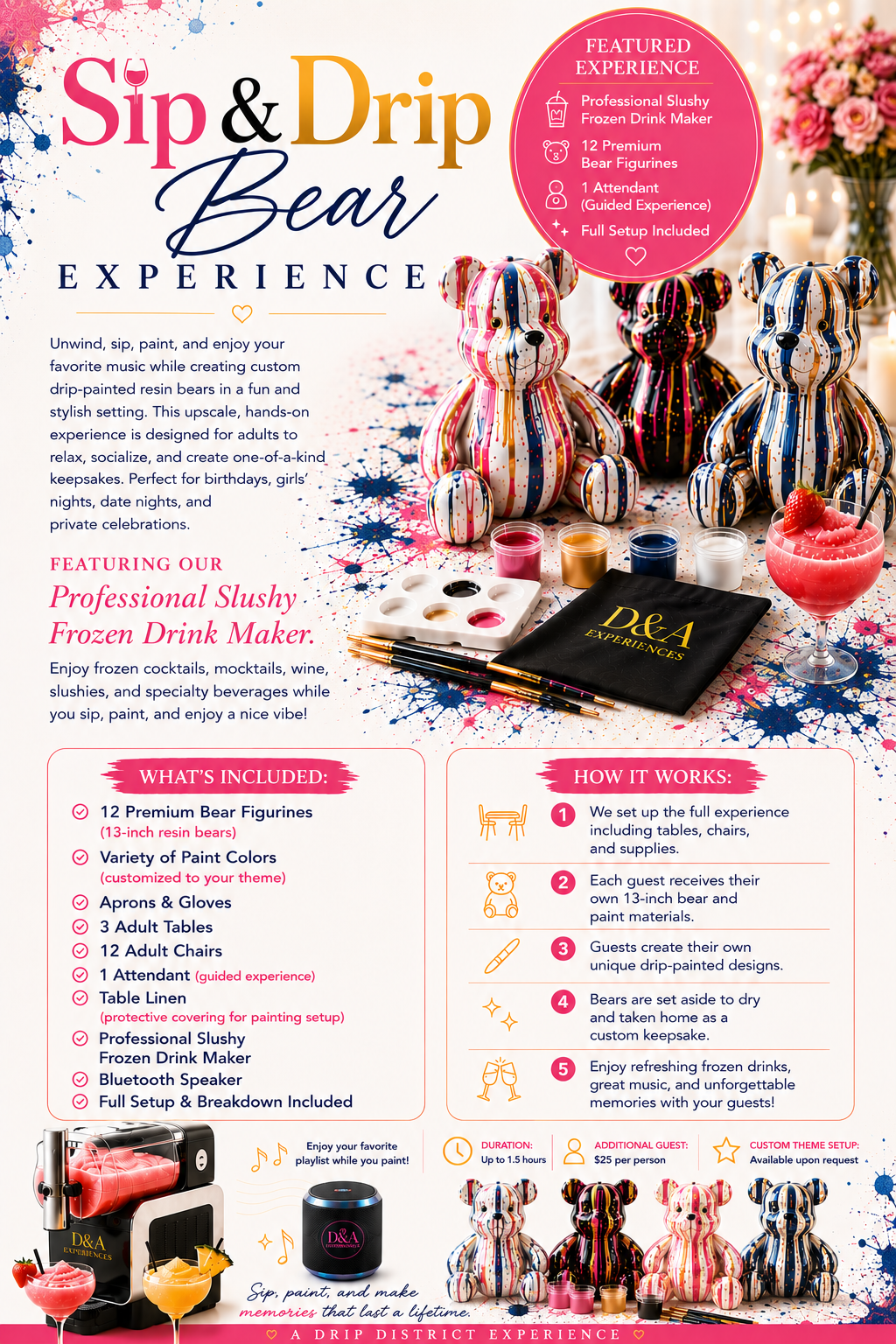Sip & Drip Bear Experience flyer with colorful drippy bear figurines, flowers, and package details on white background
