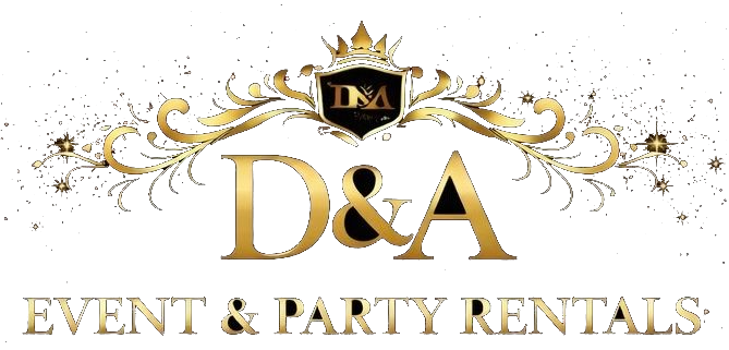 Gold and black D&A Event & Party Rentals logo with ornate floral swirls and crown accents