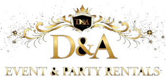 Gold and black D&A Event & Party Rentals logo with ornate floral swirls and crown accents