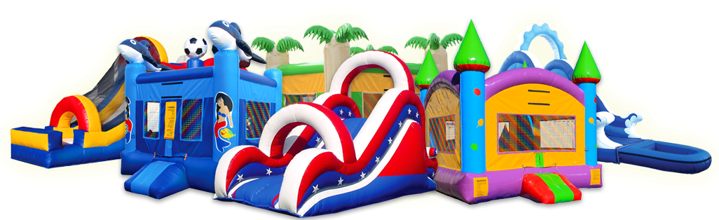 Colorful inflatable bounce house obstacle course with slides and tunnels on a white background