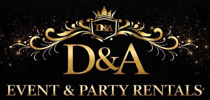 Gold “D&A Event & Party Rentals” logo on a black background with ornate decorative flourishes