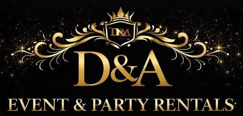 Gold “D&A Event & Party Rentals” logo on a black background with ornate decorative flourishes