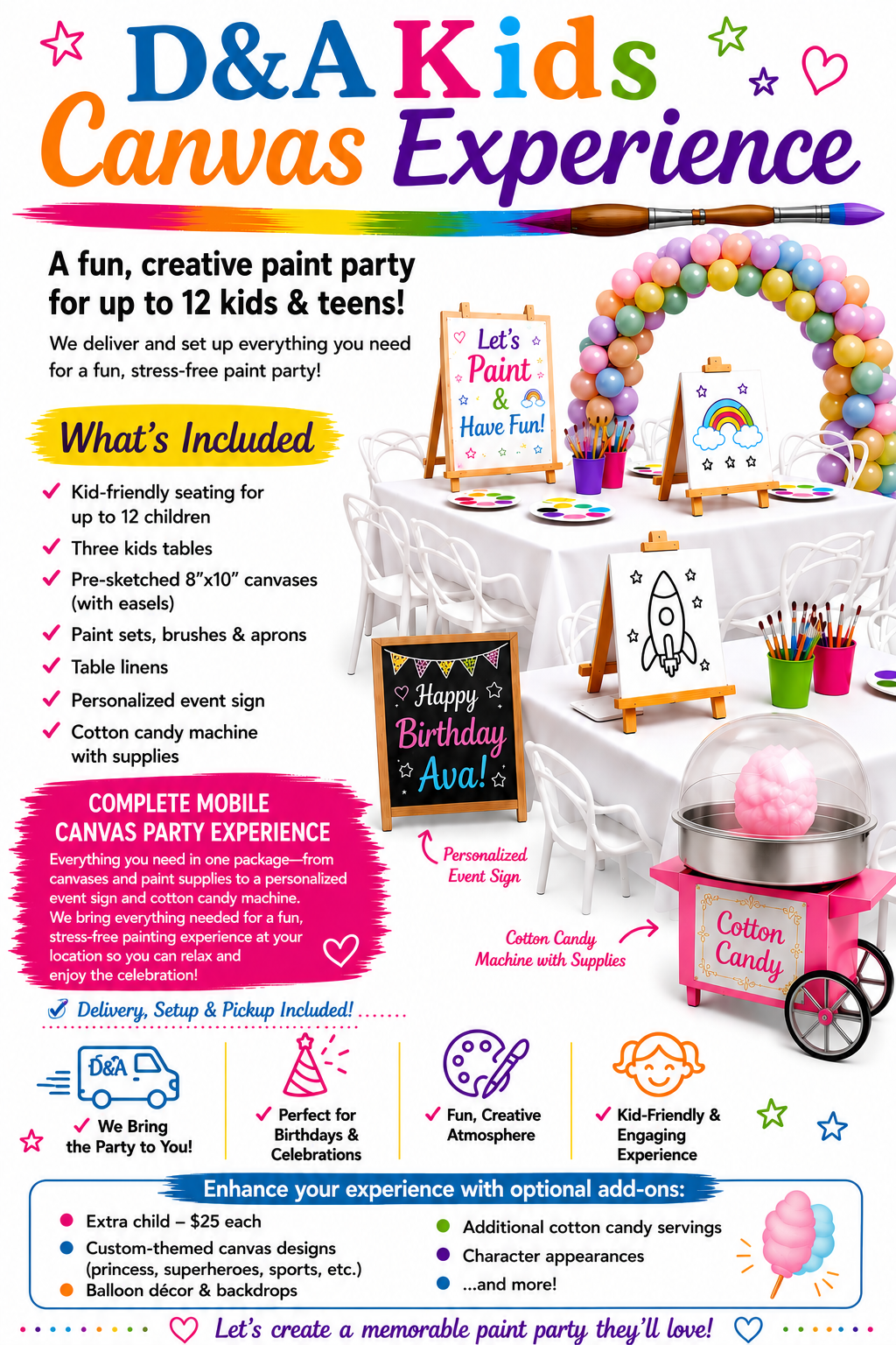 D&A Kids Canvas Experience party flyer with paint easels, balloons, supplies, and starting price $450