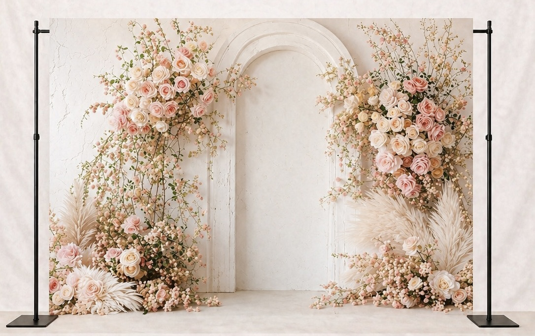 Pastel floral wedding arch with pink and cream flowers on a white backdrop