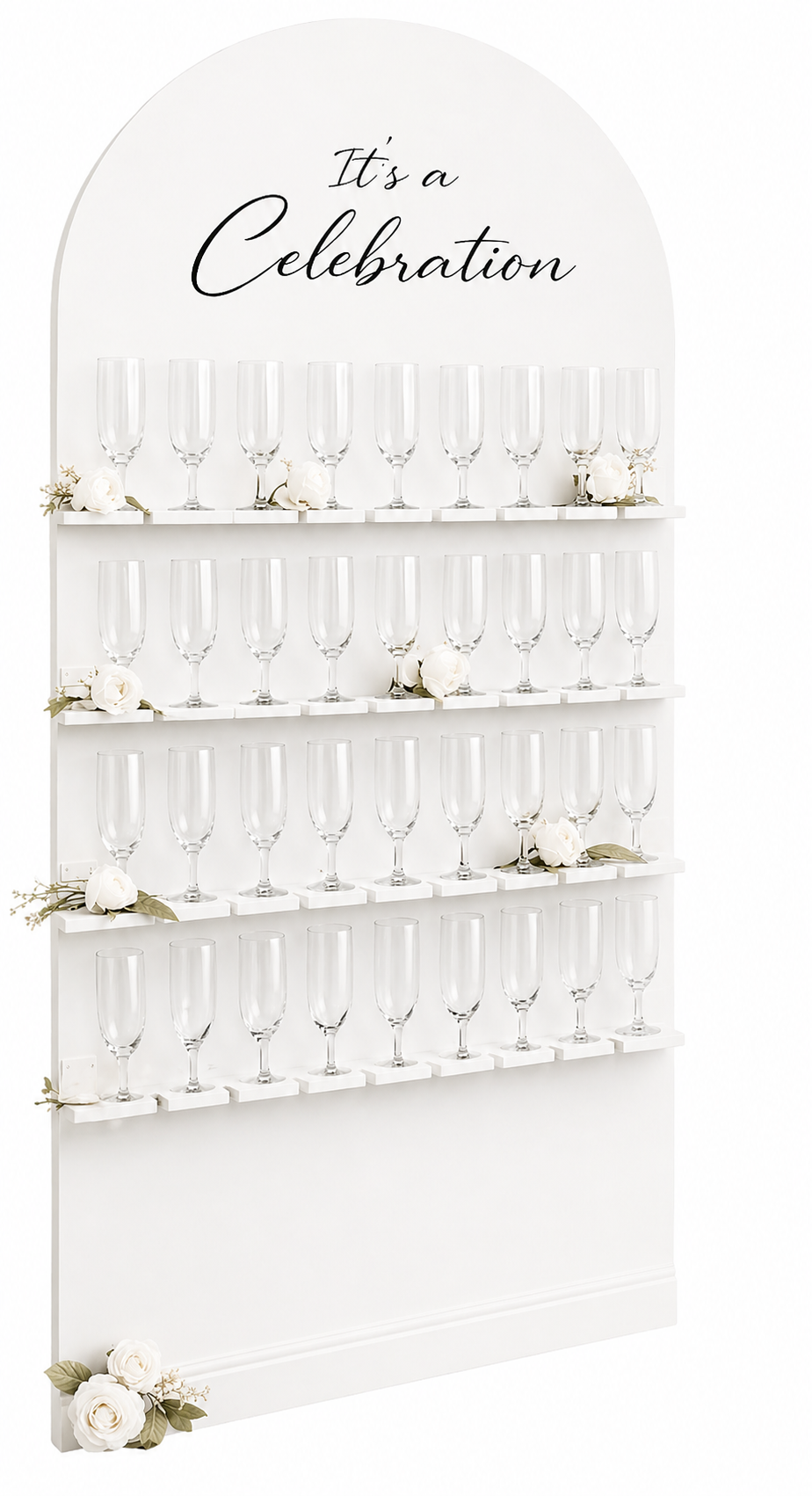 White celebration display with shelves of champagne glasses and “It’s a Celebration” sign above