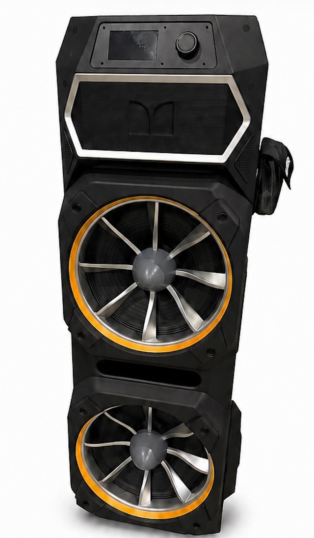 Black and orange dual-speaker tower with two large woofers and a top control panel