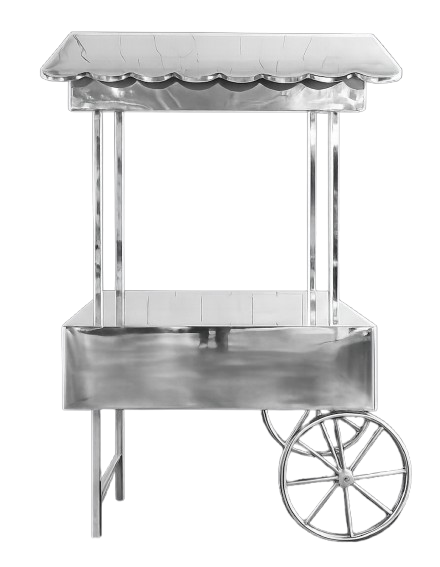Stainless steel street food cart with awning and large wheel, shown on a white background