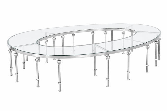 Oval glass table with ornate metal legs on a white background