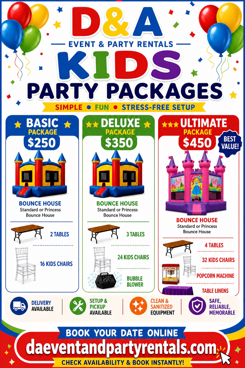 D&A Kids party packages flyer with balloons, bounce houses, and three price tiers from $250 to $450.